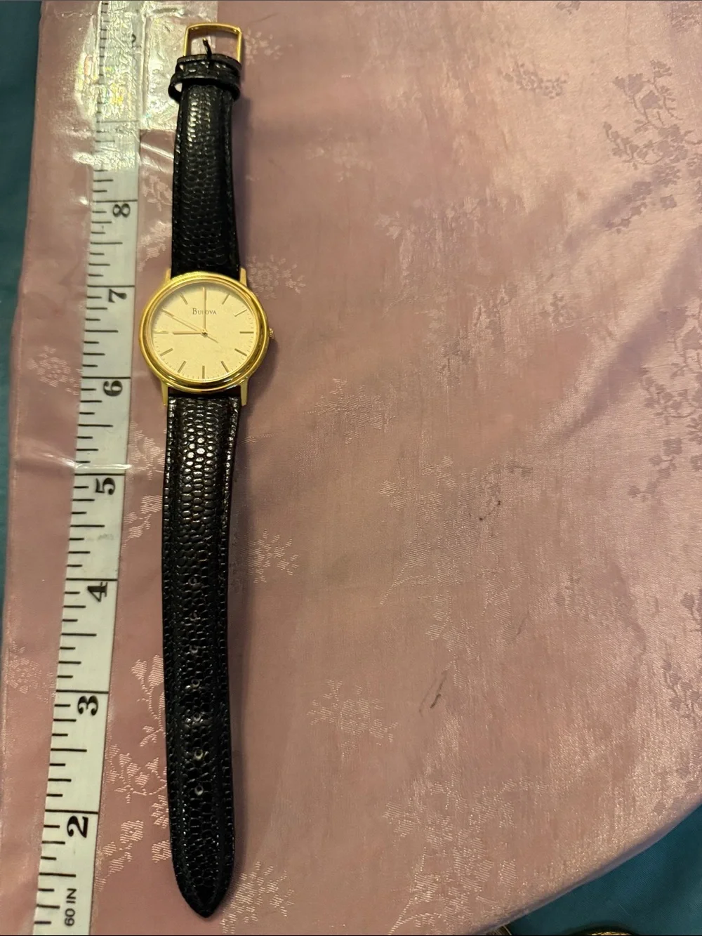 Bulova Gold-Tone Case Watch with Black Leather Strap